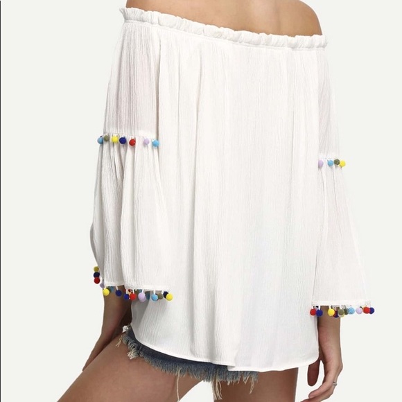 White Off the Shoulder Blouse with Pom Poms - Picture 3 of 5